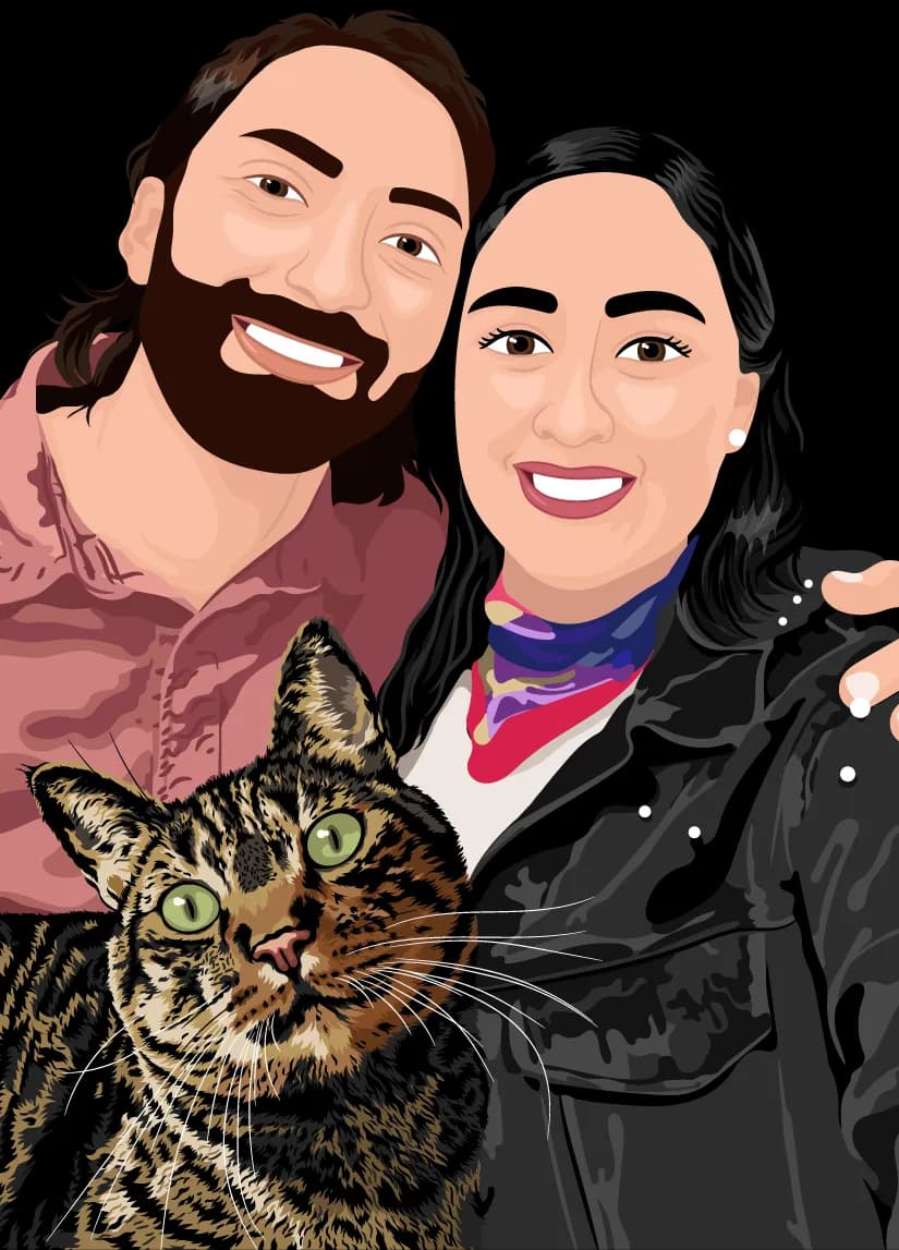 Ilustración digital de una pareja abrazada con su gato atigrado