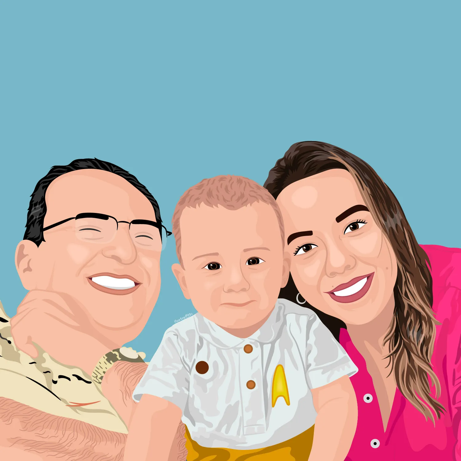 Abuelo, bebé y mamá ilustrados
